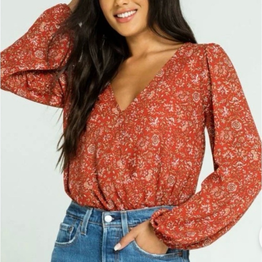 Red Floral Wrap Style V-Neck Surplice Bodysuit Blouse by West of Melrose